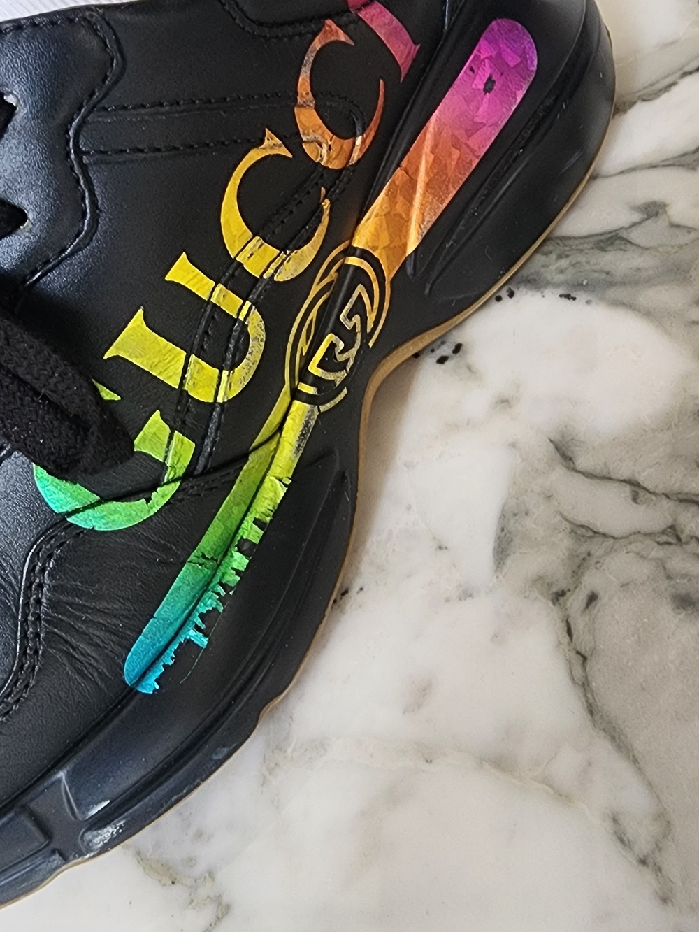 Gucci Rhyton Women's Black Leather Sneakers with Rainbow Logo Graphic Size 7.5 - Picture 13 of 13